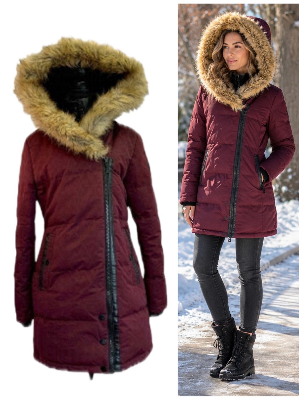 NZX Performance by Noize Burgundy Faux Fur Hooded Winter Coat Size M